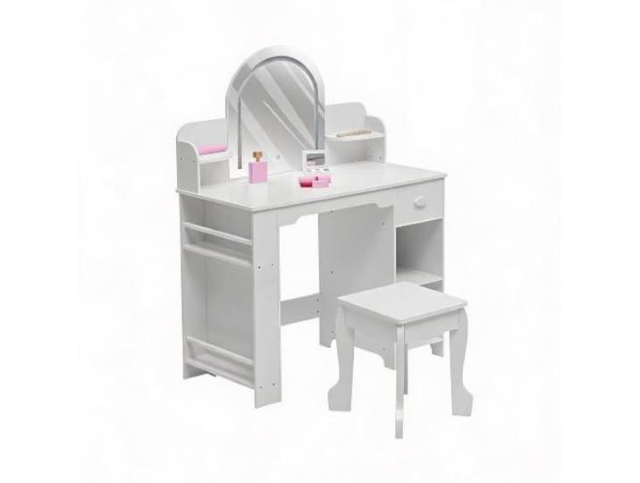 CherishCradle Kinder-Schminktisch mit LED-Beleuchtung Schublade 2 Ablagen – Weißer Toilettentisch mit Spiegel & Hocker für Mädchen 3–9 Jahre
