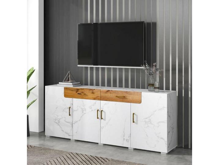 Buffet Armoire de cuisine Commode de rangement avec 4 portes 2 tiroirs Blanc