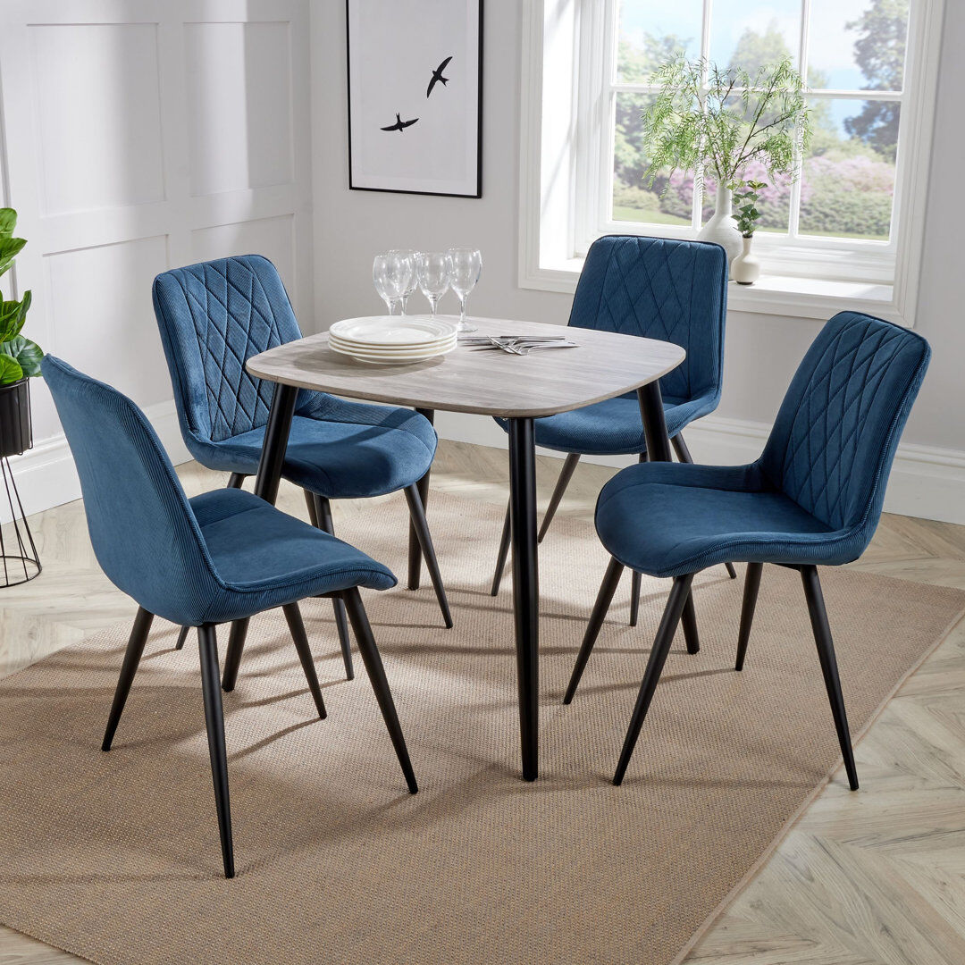 George Oliver Aspen 5-Piece Casual Dining Set - Square Dining Table & Four Upholstered Diamond Fabric Chairs Grey Oak/Blue 4