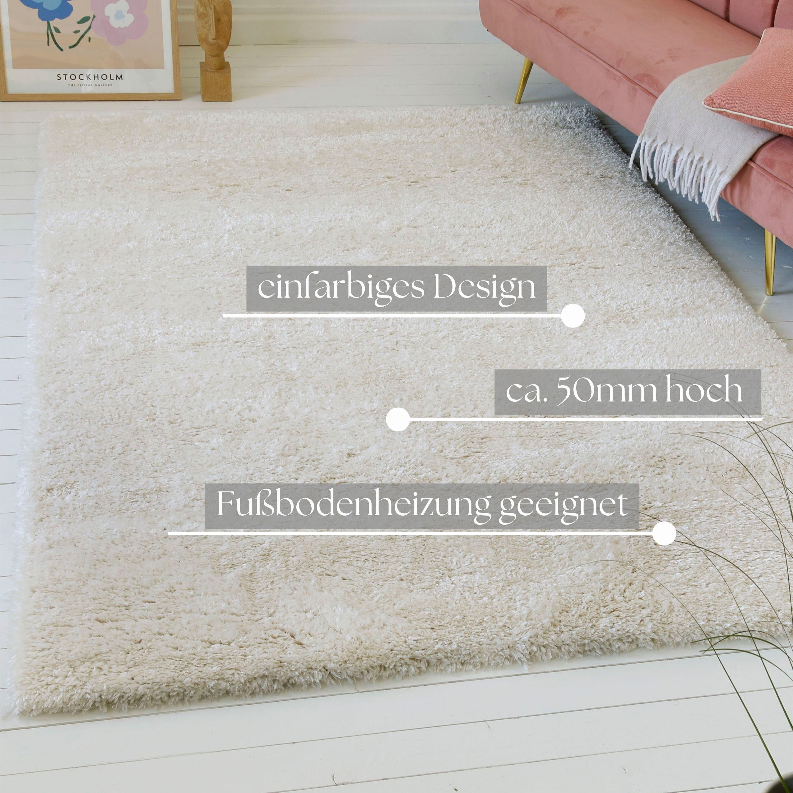 Hochflor-Teppich GOODPRODUCT "Saul", weiss (weiß), B:160cm H:50mm L:225cm, Polyester, Teppiche, Hochflor-Teppich, dichter weicher Langflor, mit Glanz, Shaggy, uni farben, Wohnzimmer weiß B : 160cm 1 Stk., 50mm, L: 225cm