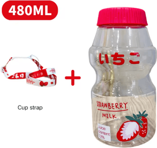 Inspire Picks 480ml Kawaii Milk Carton Water Bottle Cute Plastic Drinking Bottle With Cup And Strap red B 480ml