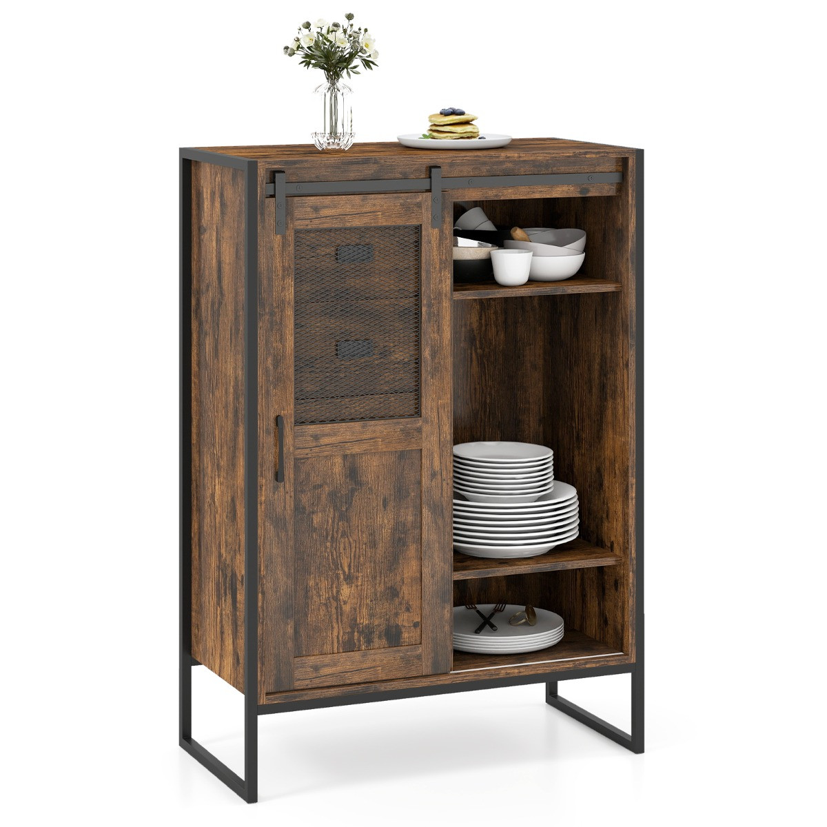 Costway Staande Opbergkast met Schuifdeur en Houtlook voor Woonkamer, Keuken of Badkamer