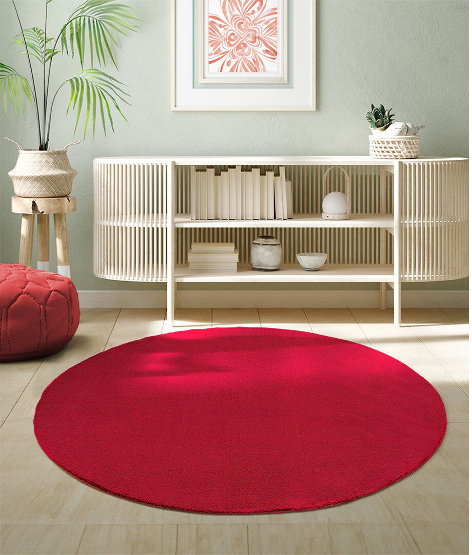 The Carpet Relax - Modern Rug, Fluffy, Short Pile, Non-Slip Underside, Washable up to 30°C, Super-Soft, Fur Look, Red Red Round 200cm