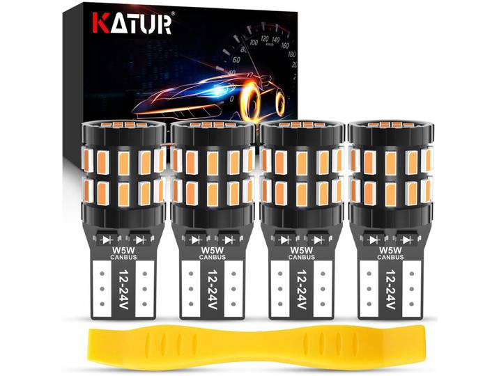 Katur 194 T10 W5W 501 168 Ampoule LED très brillante Jaune ambré 12-24 V Compatible bus CAN sans erreur Remplacement pour plafonnier liseuse éclairage de porte éclairage de courtoisie éclairage de plaque d’immatriculation de voiture 4 pièces
