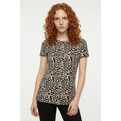 Kurzarmshirt ONLY "ONLBERA BACK LACE UP S/S TOP JRS NOOS", Damen, Gr. L, schwarz (schwarz aop:eggnog leo), Jersey, Obermaterial: 95% Viskose, 5% Elasthan, bedruckt, regular fit normal, Rundhals, Shirts