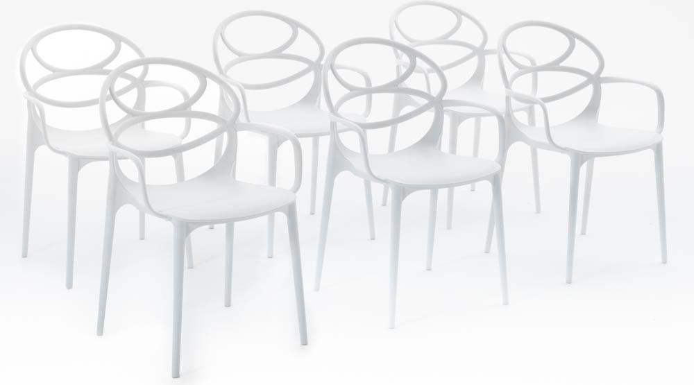 6er-Set stapelbare Stühle mit Armlehnen aus glasfaserverstärktem Harz für Außenbereich, Garten, Bars und Restaurants - modernes Design - CHARLOTTE - Weiß