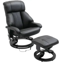OKWISH Relaxsessel mit Massage und Fußhocker Schwarz 76x80x102 cm Kunstleder 145 Grad verstellbar 360 Grad drehbar tiefe Polsterung