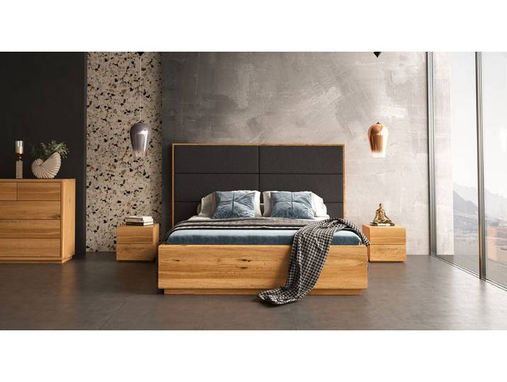 Designer Holzbett Valent aus massiver Eiche mit Stauraum - Grün - 140x200 - Wachsöl - Luxusbetten24
