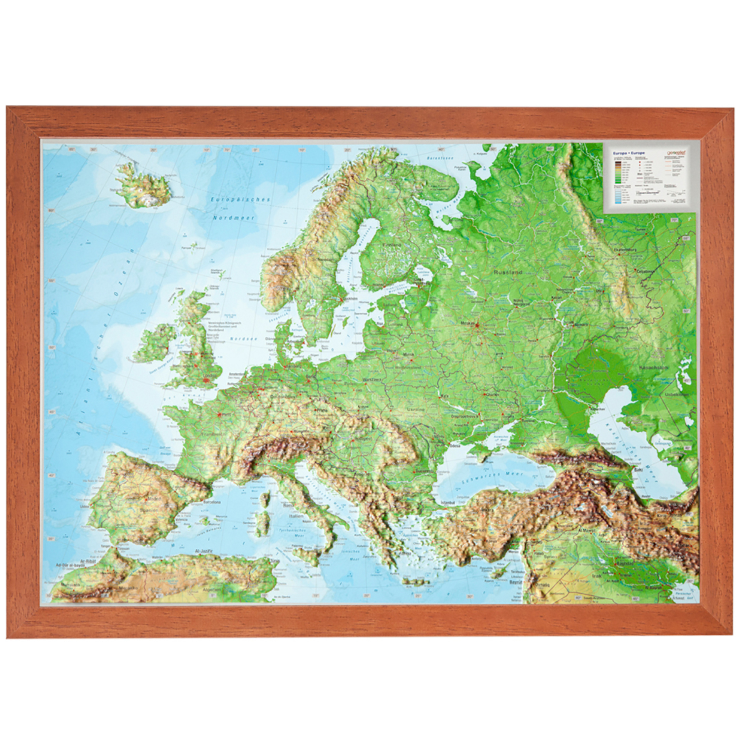 Georelief 3D Reliefkarte Europa Topografische Karten mit braunem Holzrahmen Größe Klein