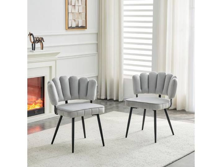 Set de 2 chaises à manger européennes avec fauteuil à dos et velvet. Velvet doux gris clair + pieds métalliques noirs hauteur 80 cm