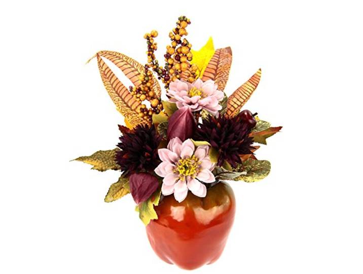 Künstliches Chrysanthemen Gesteck im Apfeltopf – Herbstdeko 28 x 20 x 16 cm