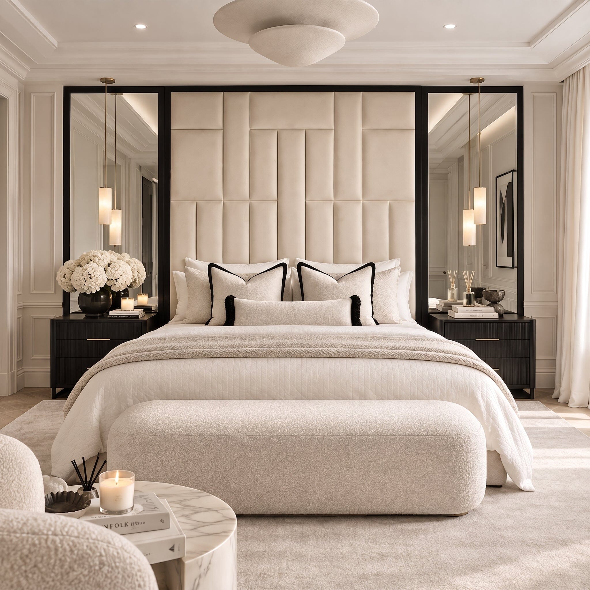 Kensington Cream & Black Premium Abstract Headboard with Natural Mirrored Wings, King