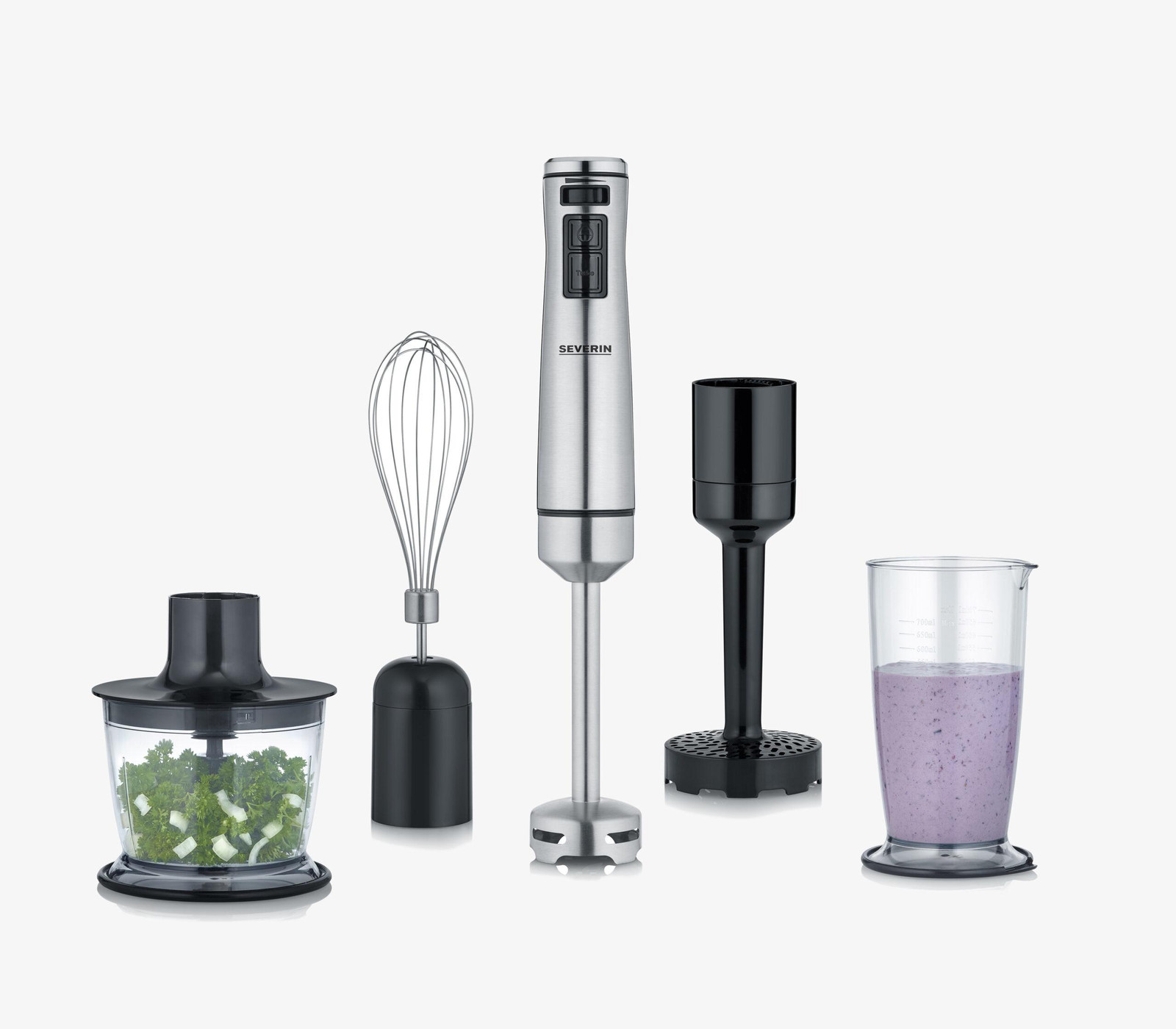 Severin Stabmixer SM 3774 Premium Set met hakmolen, aardappelstamper en garde, roestvrij staal, 1.000 watt