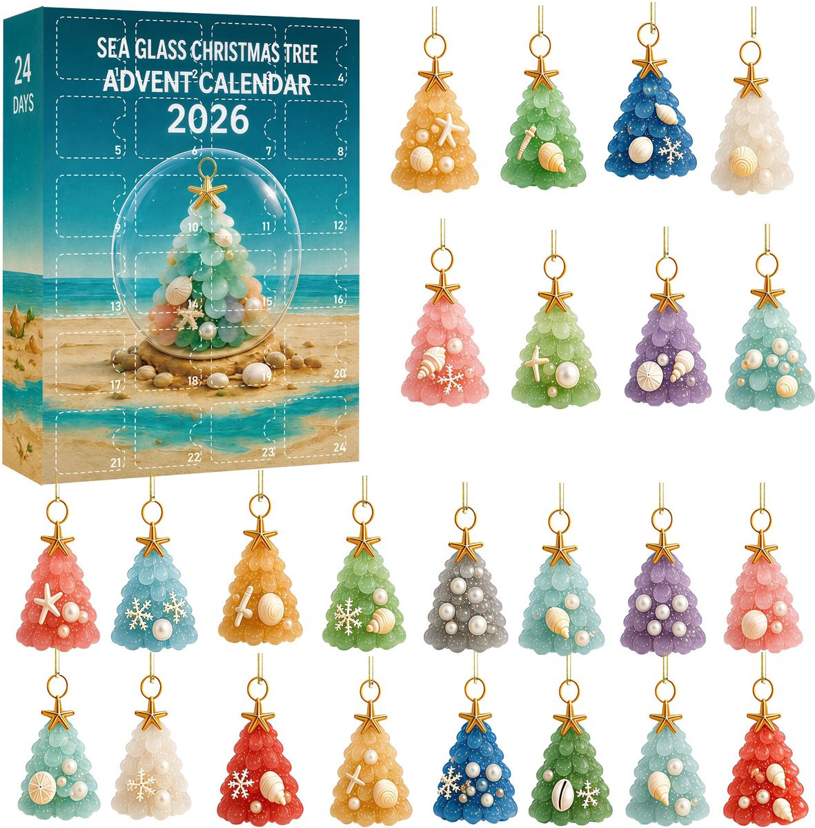Kerst adventskalender 2026 met 24 meerkleurige zeeglas en schelpen hangornamenten voor kerstboom decoratie