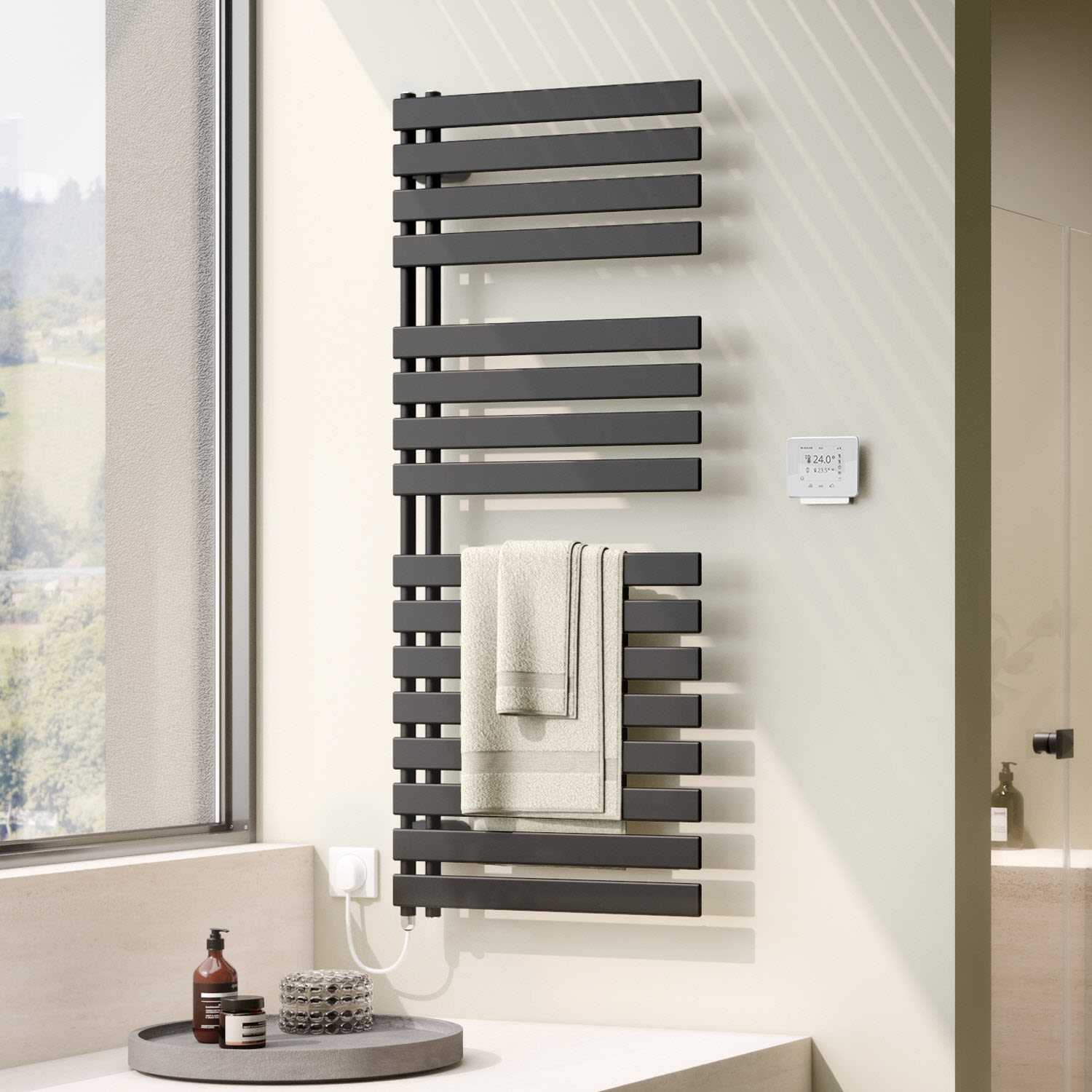 Kermi Credo Half flat -E Badheizkörper 60 x 183,4 cm, mit Elektro-Set WRX links, Heizung, EAE1A180060-onyx, WRX links weiß/weiß, onyx