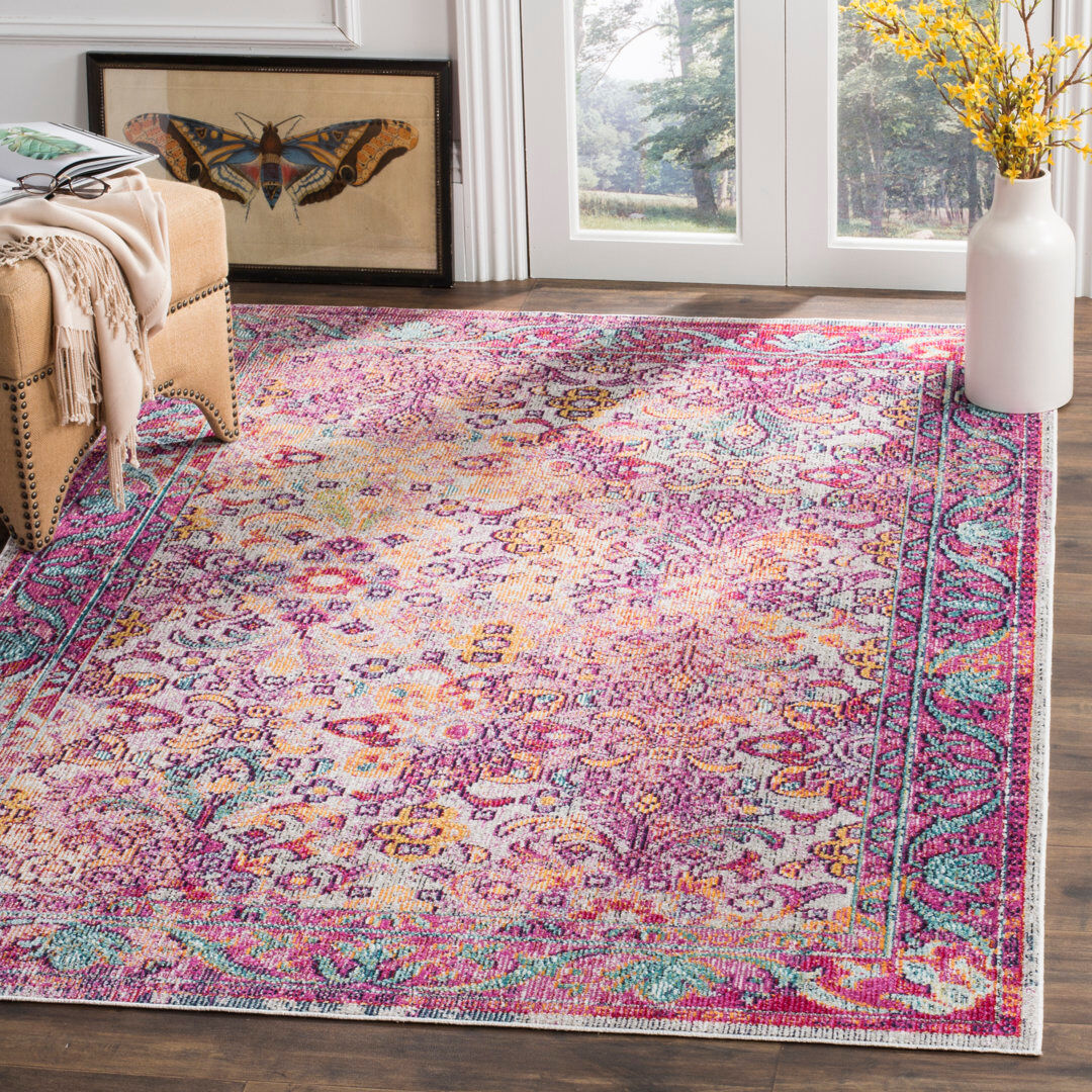 World Menagerie Golden Oriental Hand Woven Area Rug Light Blue/Fuchsia Rectangle 122 x 183 cm