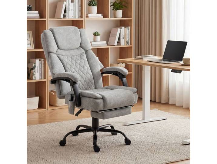 Fauteuil de bureau massant à haut dossier gris vibration chaleur dossier réglable repose-pieds télécommande