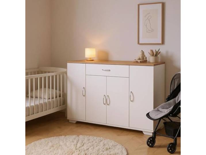 FurnitureR Weiße Kommode, Modernes Design mit Vielseitigem Stauraum für Baby- & Kindermöbel, Langlebige MDF-Konstruktion, Einfach zu Montieren, Platzsparende Lösung für Zuhause