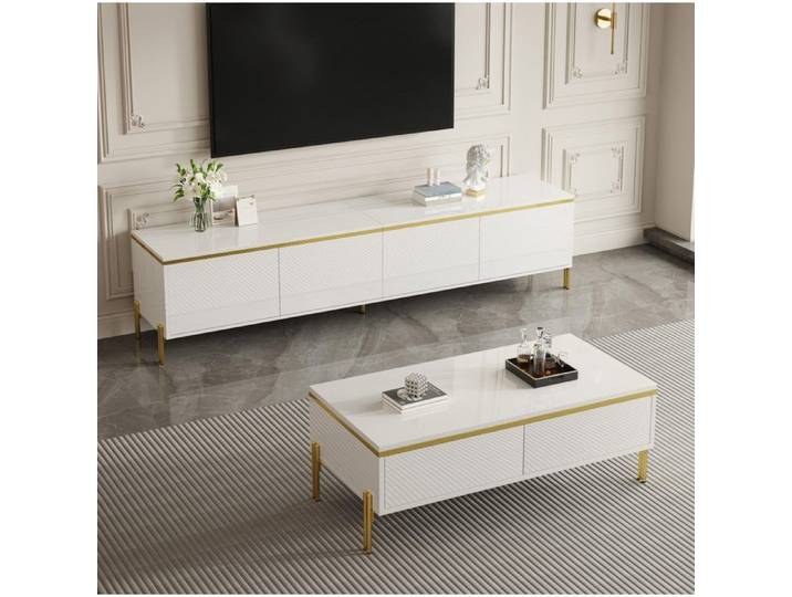 MEUBLIV Ensemble meuble TV et table basse blanc brillant détails dorés pieds métal rangements