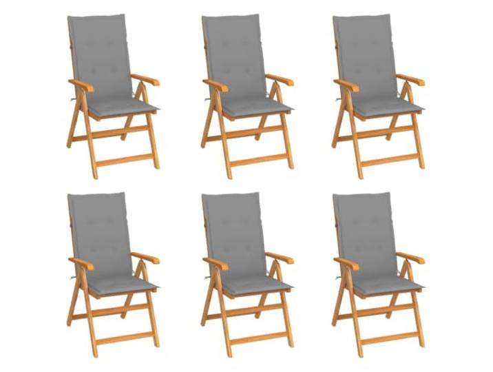 HPUYRFG Klappstühle 6er-Set mit Grauen Kissen aus Massivem Teakholz 7-fach verstellbar, zusammenklappbar, leicht, Teakholz, bis 110 kg belastbar