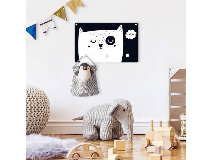 Patère enfants Hello chat 40 x 25 x 1cm Blanc/Noir/Noir/Blanc
