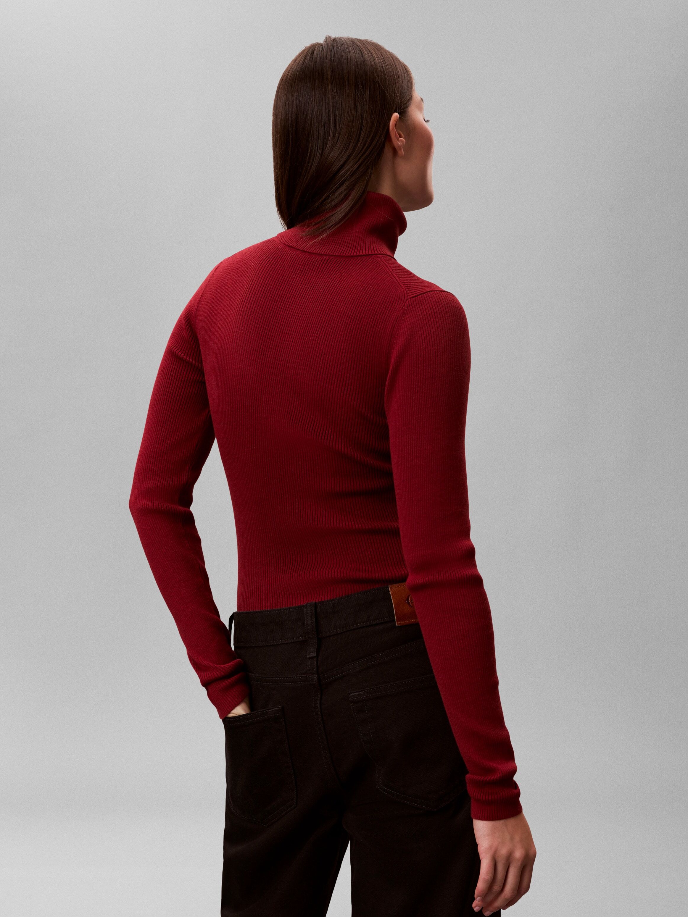 Rollkragenpullover CALVIN KLEIN, Damen, Gr. XXS (34), rot (winery), Rippstrick, Obermaterial: 100% Baumwolle, figurbetont normal, hoch geschlossener Ausschnitt, Pullover Rollkragenpullover, Rippstrick, figurbetonte Passform, Markenlabel winery XXS (34)