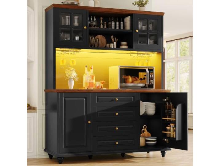 DUlVBPE Highboard Küchenschrank mit RGB-LED-Beleuchtung, verstellbaren Böden, Metall-Weinglashalter, MDF-Korpus, Gummibaumholz-Füße, moderner Aufbewahrungsschrank für Küche und Wohnzimmer, Schwarz