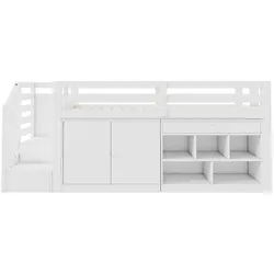 STILVORA Kinderbett Massivholz Weiß 90x200 cm mit Stauraum, Treppe und umklappbarer Schublade