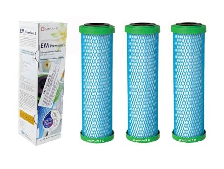 Prime Inventions 3x Wasserfilter EM Premium 5 D für Sanuno Vario-HP Duo Ersatzfilter Set mit EM-Keramik zur Vitalisierung, filtert Chlor & Blei bei hohem Durchfluss, Made in Germany by Carbonit