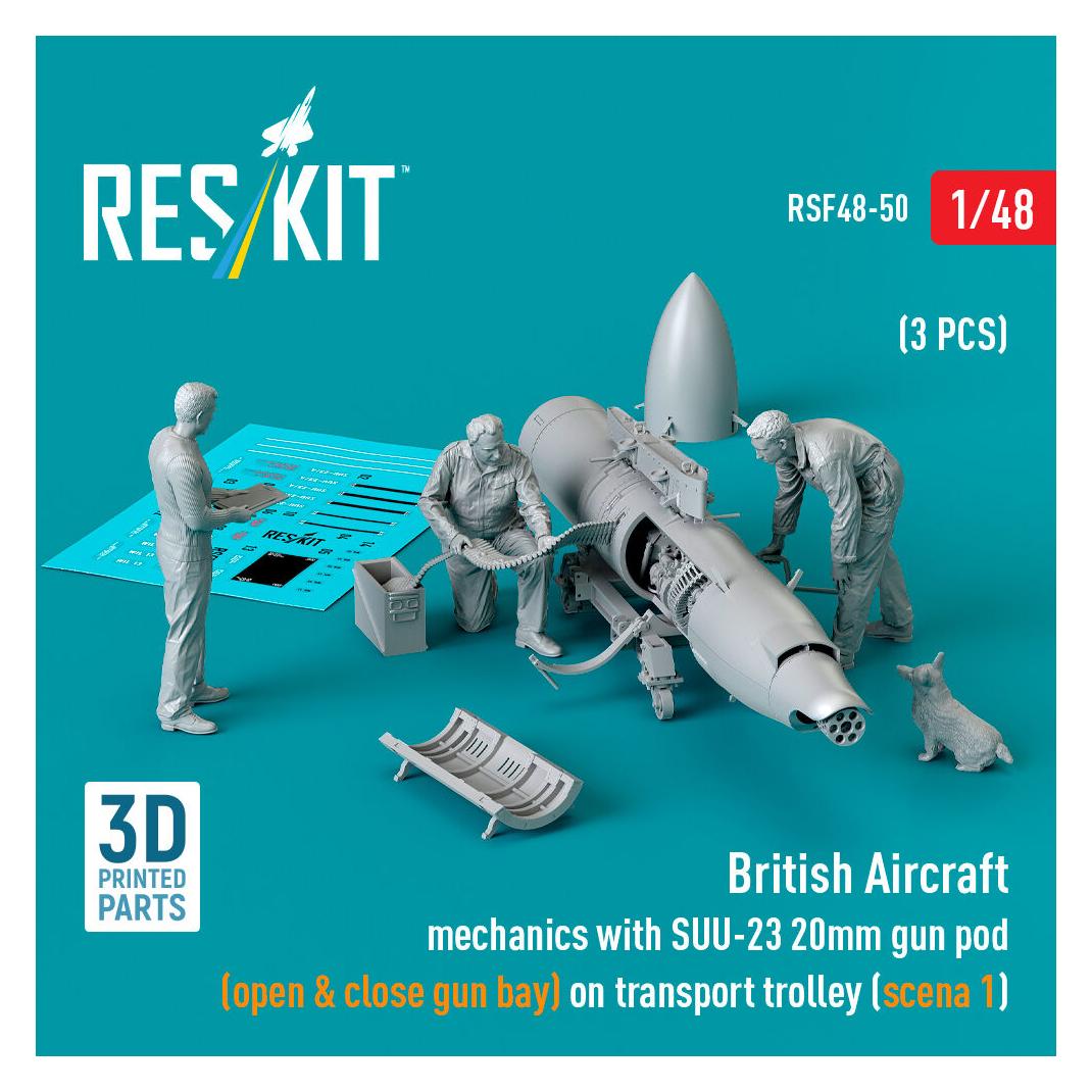 ResKit British Aircraft mechanics with SUU-23 20mm gun pod (open & close gun bay) on on transport trolley ( (RSF48-0050)