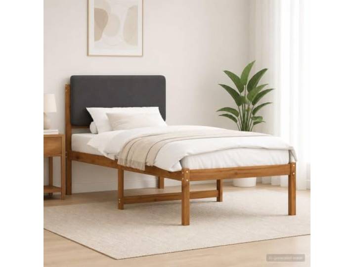 Bett aus massivem Akazienholz mit Kopfteil aus Kunstleinen Massives Akazienholz, gepolstertes Kopfteil aus Leinenimitat, abnehmbarer und waschbarer Bezug, moderner Stil