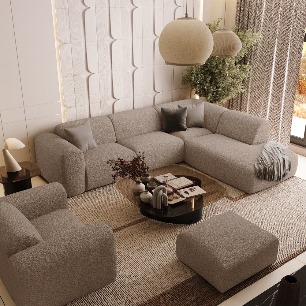 Sia Home Sofá esquinero grande  5 plazas tejido rizo topo