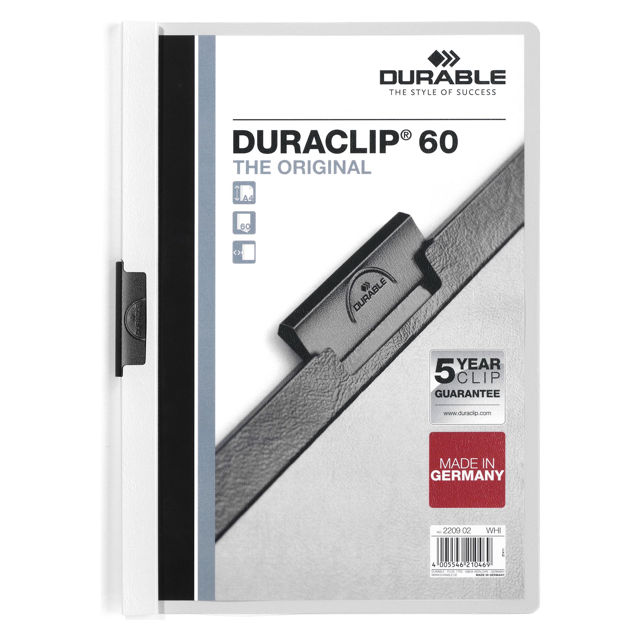 Durable Klemm-Mappe Duraclip ( 60, Hartfolie, bis 60 Blatt A4, Beutel à 5 Stück) weiss, 223802 (A4, 5x) (223802)