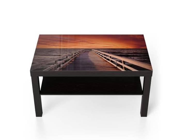 DEQORI Glastisch schwarz groß 90x50 cm Motiv Steg ins Abendrot ausgefallener Beistelltisch aus Glas Hochglanz Couchtisch fürs Wohnzimmer moderner Couch Tisch mit Design