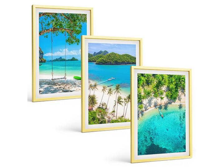 Tulup Bilder SET 3er Set - 40x60 cm Goldrahmen - Strände, Palmen, klares Wasser, Goldfarben, Kunststoff, Rechteckig, 40x60 cm, einfache und schnelle Anbringung, Bilder & Rahmen, Bilder
