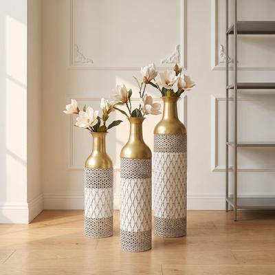 White Gold Geometric Embossed Metal Tall Decorative Floor Vase,Set of 3