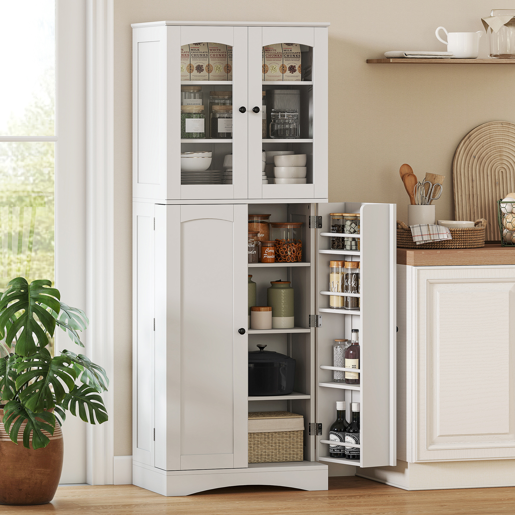 Homcom Mobile Dispensa 162 cm, Credenza Cucina, Ante Soft-Close Acrilico, Ripiani, Bianco.   Aosom Italy