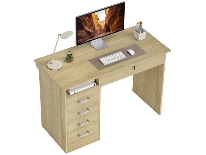 Bureau informatique HOMCOM avec 5 tiroirs grand plateau 1 compartiment ouvert tiroir verrouillable 110 x 50 x 76cm chêne