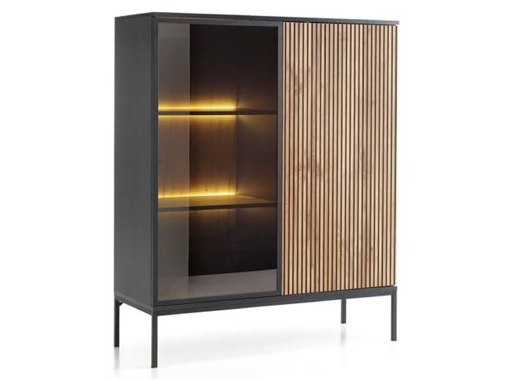 Komodee Laval WT104 - Vitrine mit LED Beleuchtung, Eiche Wotan, Schwarz, Breite 104 cm, Höhe 126 cm, Tiefe 39 cm