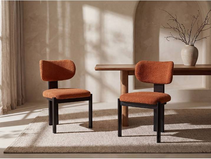 Stuhl 6er-Set - Bouclé-Stoff & Kautschukholz - Schwarz & Terracotta - WILANA