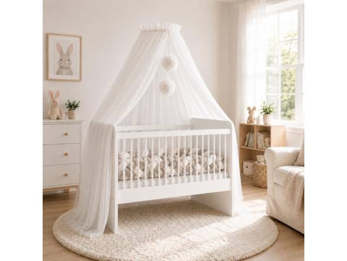 Baby Fancyroom Betthimmel für Babybett, Prinzessin Babywiege, Moskitonetz, Beistellbett Himmel, Babyzimmer Deko, Baldachin Premium Tüll (Ecru/weiß, Betthimmel mit Bommel)