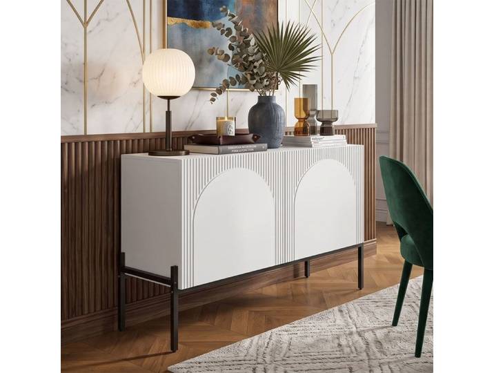 Buffet Bas 100x40x75cm Grand Rangement Modulable Design Arqué Moderne Meuble d'Entrée Enfilade 2 Portes Pietement Métal - Blanc