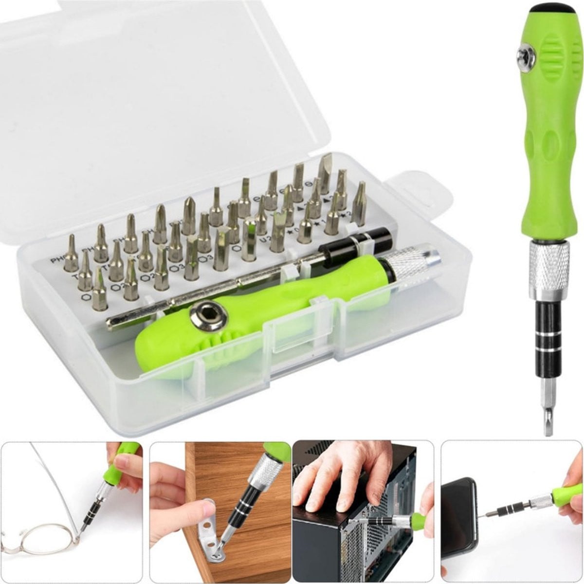 32-in-1 Precisieschroevendraaierset met magnetische bits en antislipgreep - Groen/Transparant - Geschikt voor brillen, horloges en elektronica