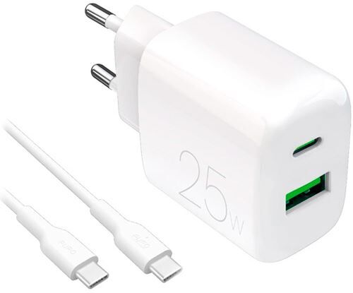 Puro Carregador 2x USB-A / USB-C  Prolite 25W + Cabo USB-C   1,2 M - Branco