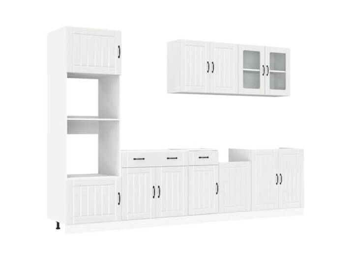 fsahslih 7-TLG Küchenzeile Lucca Küchenschrank-Set Hochglanz-Weiß Moderne Einbauküche ohne Arbeitsplatte mit Glas-Hängeschrank und verstellbaren Füßen für flexible Kücheneinrichtung.