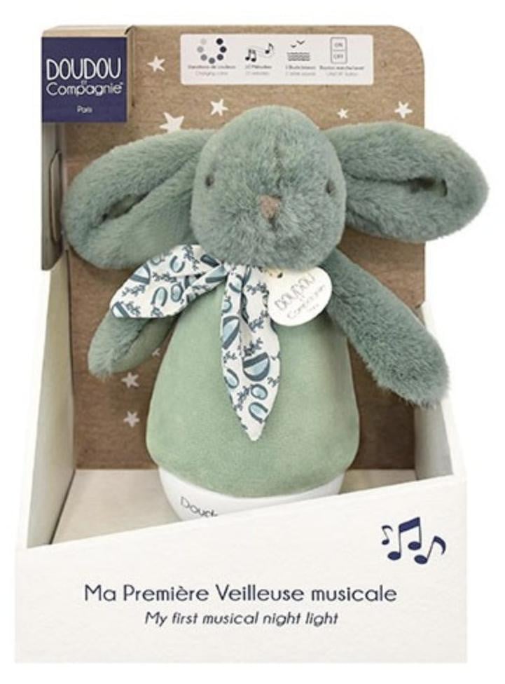 Doudou et Compagnie Lapin Doudou Nachtlampje met muziek, saliegroen, 16 cm