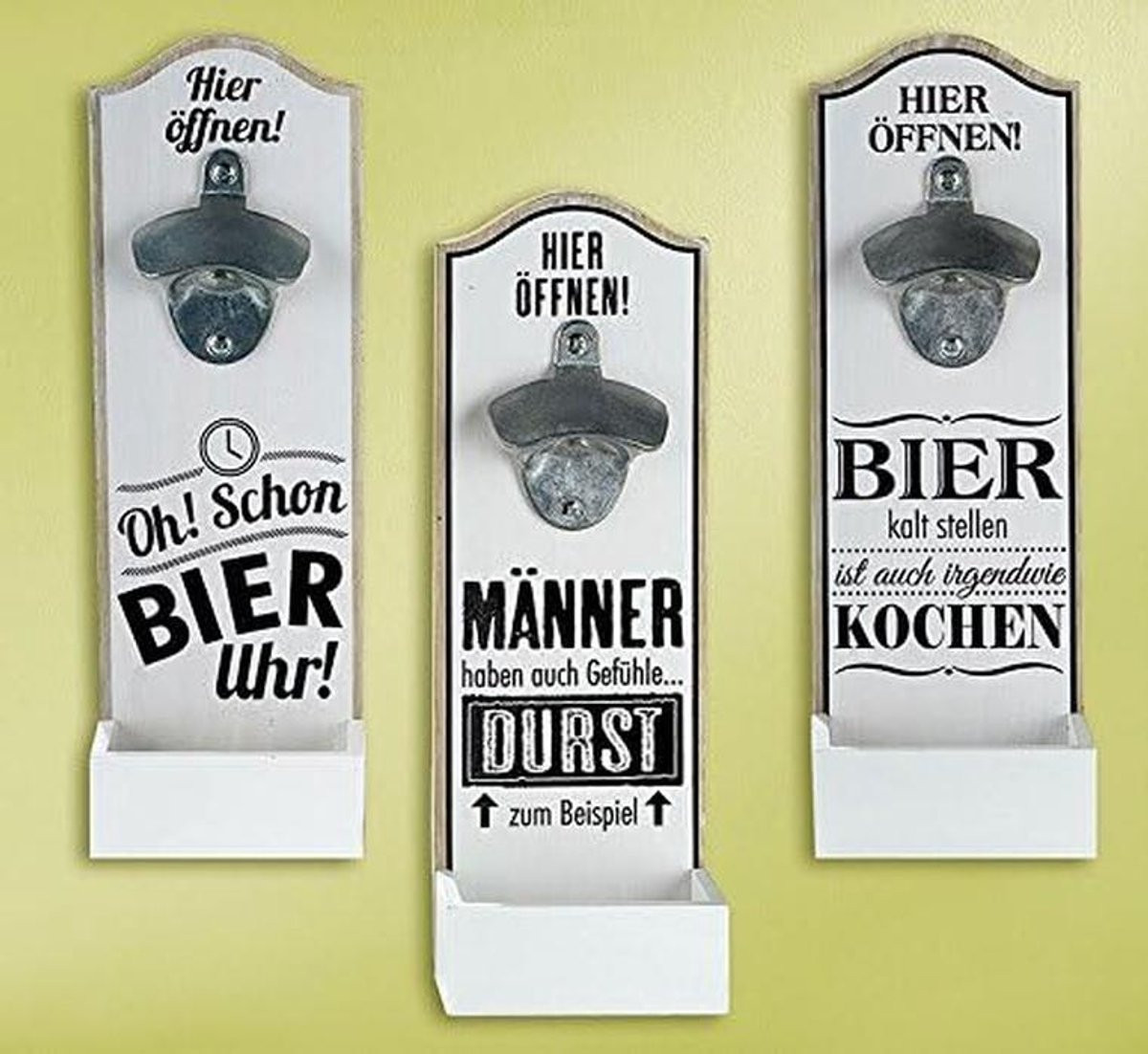 Wandflesopener met kronkenvanger en grappige tekst in houtlook