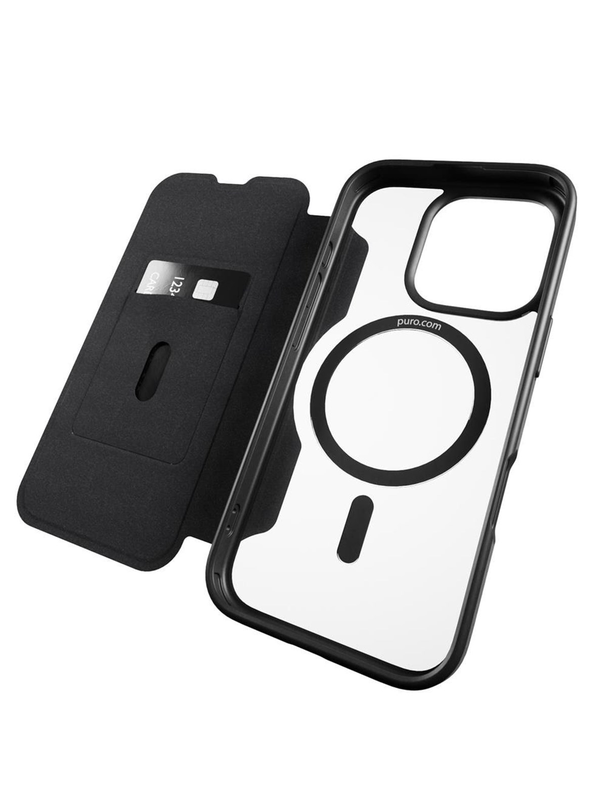 Puro Book Mag MagSafe Leather Case with Flap and Card Slot for iPhone 16 Pro Max - Black