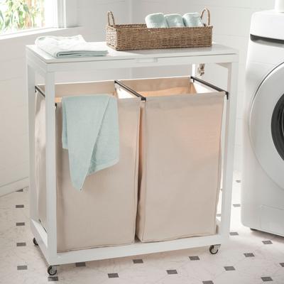 "SAFAVIEH Leanna Laundry 33.5-Inch Linen Hamper, White and Beige - 29.9"" W x 15"" D x 33.5"" H"