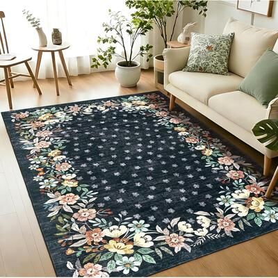 Garvee Floral Area Rug, Washable Non Slip Low Pile Rug for Bedroom Dining Room